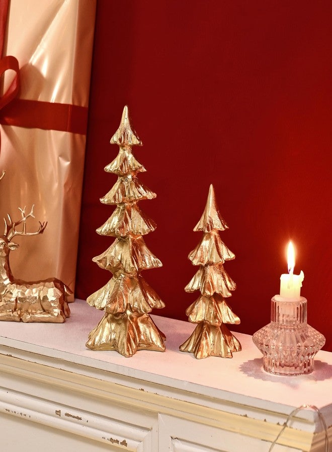 FESTGLOX Gold Christmas Tree Figurines, Small Resin Christmas Trees Home Decor, Tabletop Tree Set of 2, Decorative Xmas Trees for Christmas Decorations Indoor Mantle Centerpieces - Image 5
